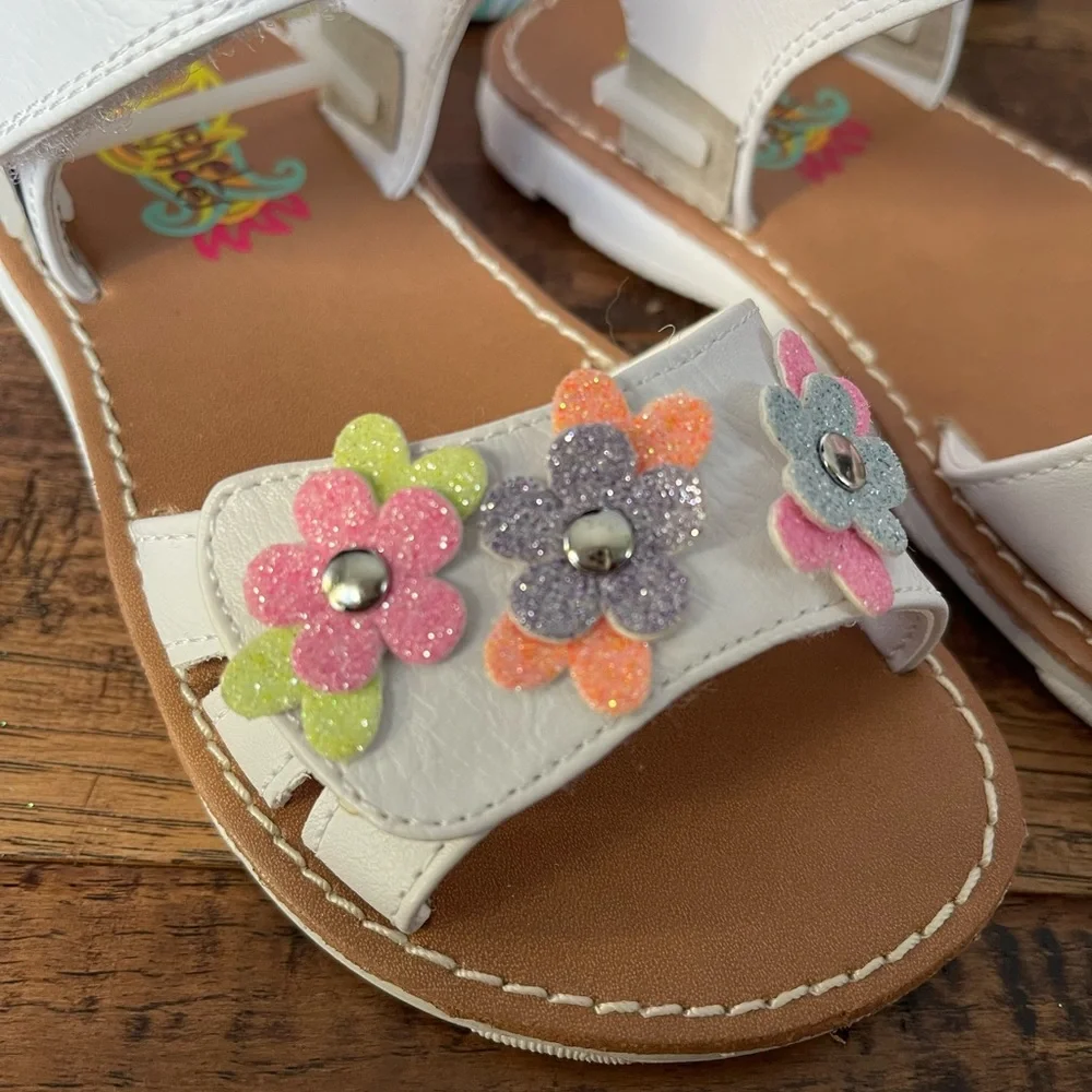 Rachel Shoes Girls Mariah Sandals White Multicolor Glitter Flowers Size 10